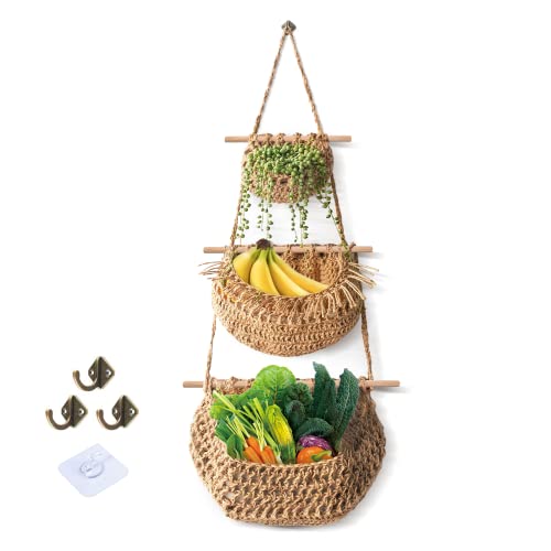 horpait Hanging Fruit Basket,3 Tier Over The Door Organizer, Handmade Woven  Cotton Rope Wall Hanging Baskets for Organizing, Boho Wall Basket for