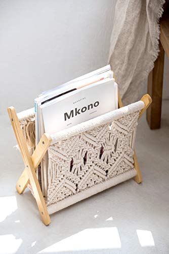 Mkono Macrame Magazine Rack Boho Magazine Holder Storage Standing Basket for Books, Newspapers, Swaddle Blanket, Living Room, Bathroom, Office, Nursery, Home Decor, Small Size, 11.22’’L x 7.5’’W