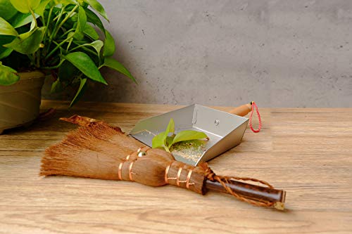 OAKART Mini Metal Dustpan and Brush Set Handmade Natural Bristle Hand Broom