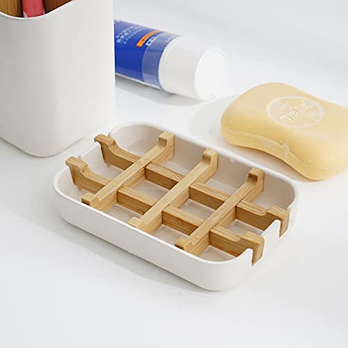 Soap Dish, 2 Pack Bamboo Self-Draining Soap Box, Soap Dishes Holder for Shower, Bathroom, Kitchen, Bathtub, Bar Sink (White)