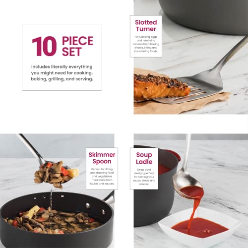 Stainless-Steel Kitchen Utensil Set - 10-piece premium Nonstick & Heat Resistant Kitchen Gadgets, Turner, Spaghetti Server, Ladle, Serving Spoons, Whisk, Tongs, Potato Masher and Utensil Holder