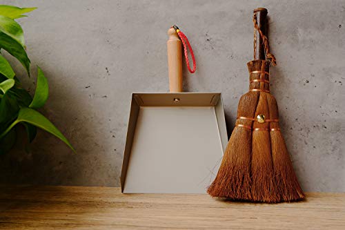 OAKART Mini Metal Dustpan and Brush Set Handmade Natural Bristle Hand Broom