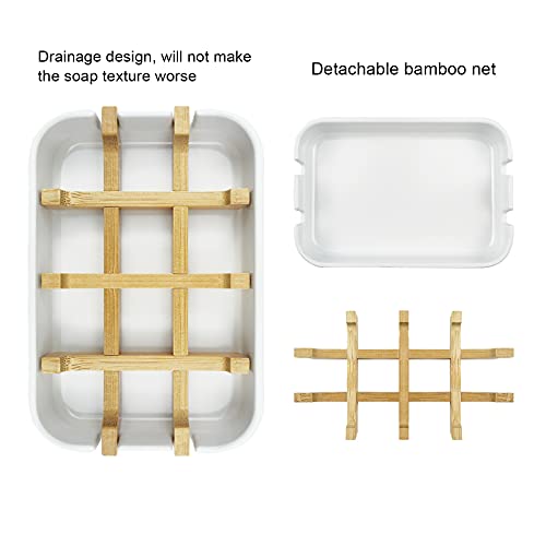 Soap Dish, 2 Pack Bamboo Self-Draining Soap Box, Soap Dishes Holder for Shower, Bathroom, Kitchen, Bathtub, Bar Sink (White)