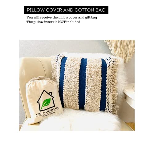 Decorative Pillows, Boho Throw Pillow Covers 18x18 Inch Moroccan Rustic Neutral Handwoven Tufted Accents Pillows for Bedroom, Sofa, Chair, Living Room, Home Decor (Beige/Blue)