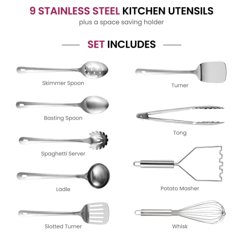 Stainless-Steel Kitchen Utensil Set - 10-piece premium Nonstick & Heat Resistant Kitchen Gadgets, Turner, Spaghetti Server, Ladle, Serving Spoons, Whisk, Tongs, Potato Masher and Utensil Holder