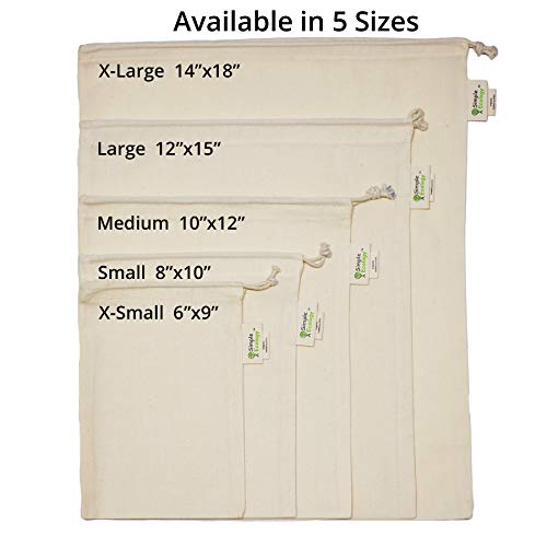 Simple Ecology Muslin Reusable Produce Shopping and Storage Bags, Organic Cotton, Drawstring, Washable, Tare Weight Tag; Set of 6 with 2 ea. L, M, S