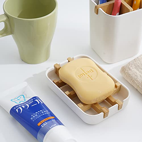 Soap Dish, 2 Pack Bamboo Self-Draining Soap Box, Soap Dishes Holder for Shower, Bathroom, Kitchen, Bathtub, Bar Sink (White)