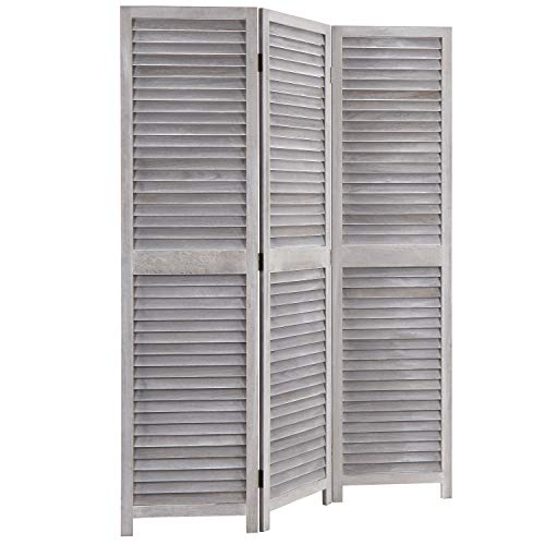 MyGift Vintage Distressed Grey Wood 3 Panel Room Divider Screen Louvered Semi-Private Partition