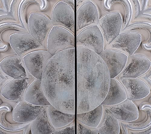 MAISON ARTS 2 Doors Accent Cabinet, Distressed Decorative Storage Cabinet with Silver Embossed Pattern Farmhouse Display Tall Cabinet for Entryway Hallway Lvinig Room Bedroom, Silver & Wood Color
