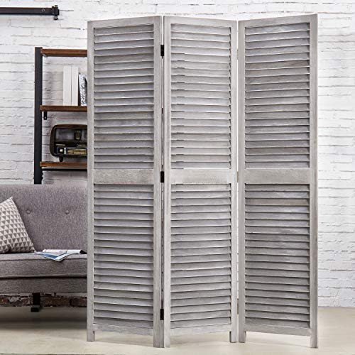 MyGift Vintage Distressed Grey Wood 3 Panel Room Divider Screen Louvered Semi-Private Partition