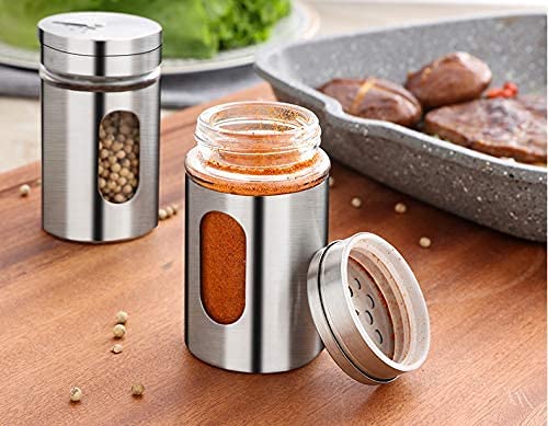 JVLM HOME Premium Glass Salt and Pepper Shakers Dispensers Set with Stainless Steel lids (Stainless Steel)