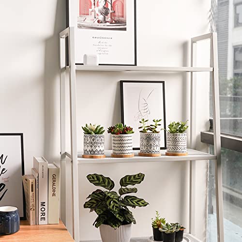 Succulent Pots, 4 Pack Ceramic Planters for Indoor Plants, 3.5 Inch Boho Original Design Flower Pots with Drainage Hole, Bamboo Tray. Stylish Plant Pots for Succulents, Aloe, Cactus, Home Office Decor