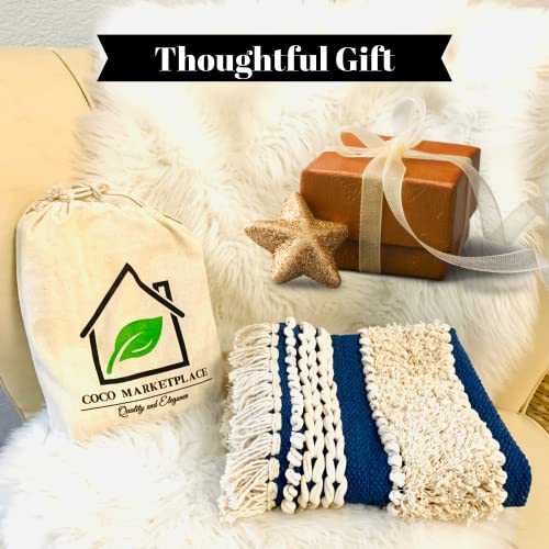 Decorative Pillows, Boho Throw Pillow Covers 18x18 Inch Moroccan Rustic Neutral Handwoven Tufted Accents Pillows for Bedroom, Sofa, Chair, Living Room, Home Decor (Beige/Blue)