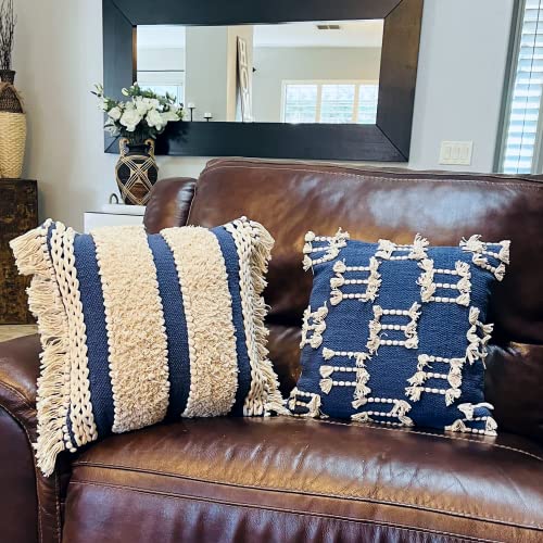 Decorative Pillows, Boho Throw Pillow Covers 18x18 Inch Moroccan Rustic Neutral Handwoven Tufted Accents Pillows for Bedroom, Sofa, Chair, Living Room, Home Decor (Beige/Blue)