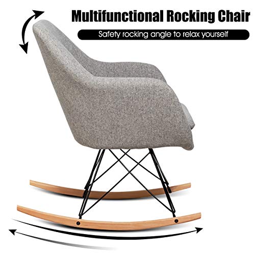 Giantex Accent Rocking Chair with Cushion, Upholstered Rocking Arm Chair w/Solid Steel Wood Leg, Modern Rocker Chair for Balcony, Bedroom (1, Grey)