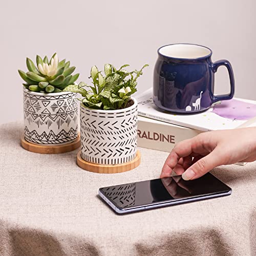 Succulent Pots, 4 Pack Ceramic Planters for Indoor Plants, 3.5 Inch Boho Original Design Flower Pots with Drainage Hole, Bamboo Tray. Stylish Plant Pots for Succulents, Aloe, Cactus, Home Office Decor
