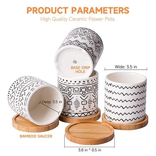 Succulent Pots, 4 Pack Ceramic Planters for Indoor Plants, 3.5 Inch Boho Original Design Flower Pots with Drainage Hole, Bamboo Tray. Stylish Plant Pots for Succulents, Aloe, Cactus, Home Office Decor