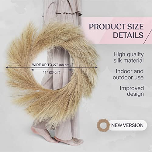 Lozidecor Faux Pampas Wreath for Boho Wall Decor | 27" Large Fall Wreath | Artificial Pampas Grass Wreath for Boho Fall Decor | Home Interior & Exterior Silk Boho Style Design Decoration (Taupe Gray)