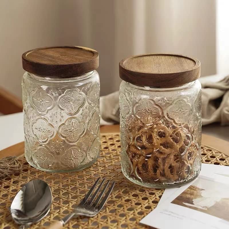Snminetal Vintage Glass Airtight Storage Jar, With Airtight Wood Lid, Kitchen Glass Food Storage Containers, for Candy, Coffee Tea Beans, Oats,Flour, Grains,Food Storage Jar 24oz (plum pattern)