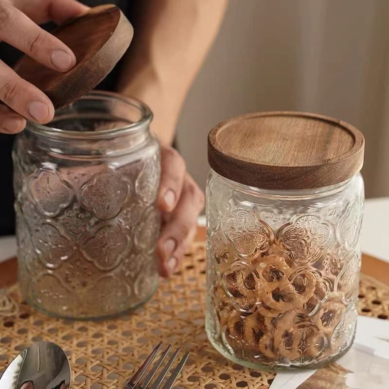 Snminetal Vintage Glass Airtight Storage Jar, With Airtight Wood Lid, Kitchen Glass Food Storage Containers, for Candy, Coffee Tea Beans, Oats,Flour, Grains,Food Storage Jar 24oz (plum pattern)