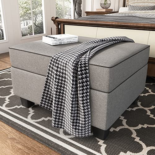 HONBAY Storage Ottoman with Hydraulic Rod, Linen Fabric Storage Bench, Rectangle Footstool Ottoman with Storage, Grey