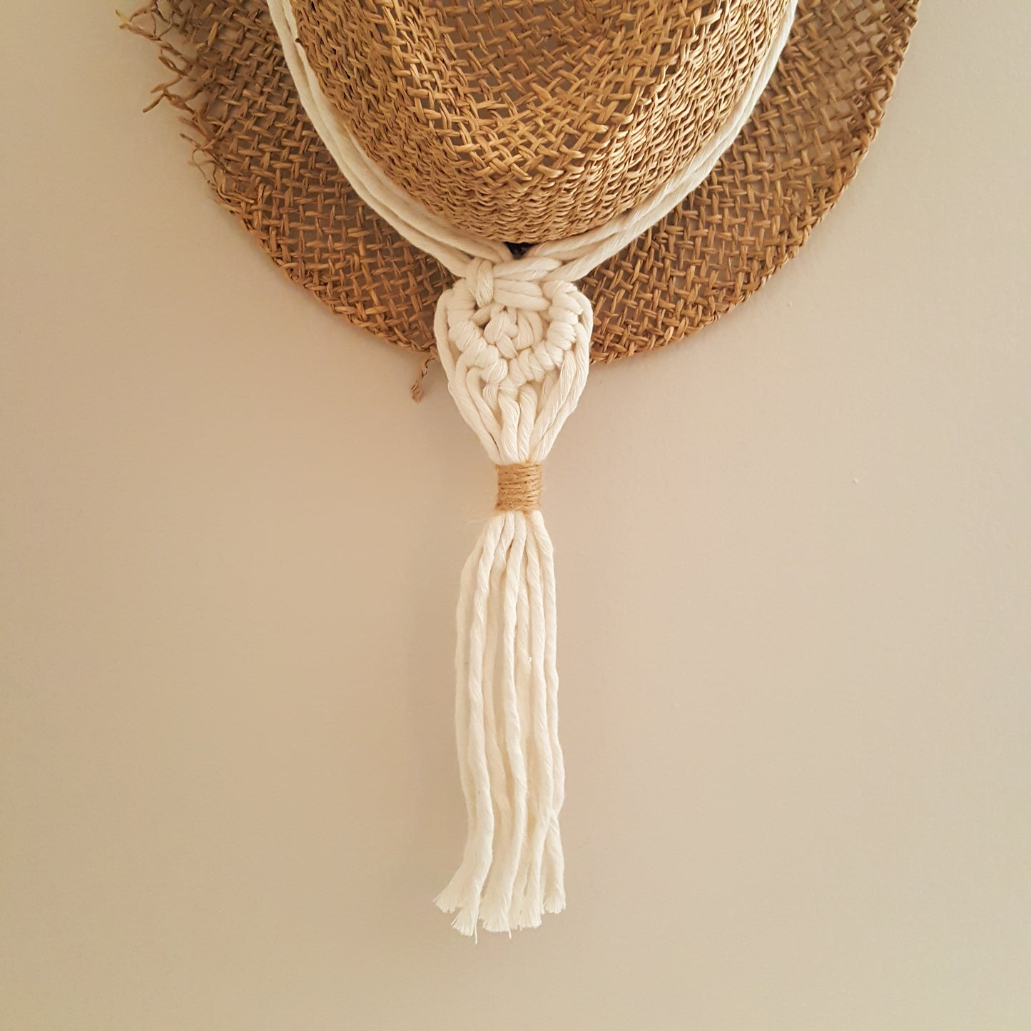 Handmade boho macrame double hat hanger, zero waste | hat holder | farmhouse hat hanger | eco friendly, recycled cotton | jute | white