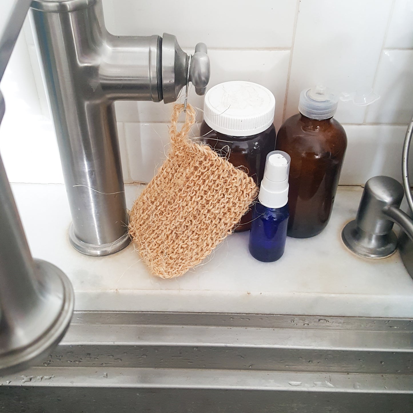 Long lasting handmade natural scrubbers (cotton and sisal) with stainless steel hooks for easy drying, natural scrubbie, zero waste