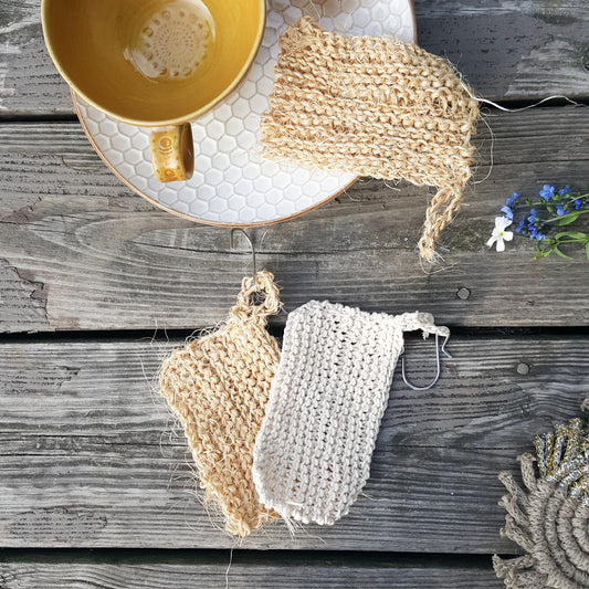 Long lasting handmade natural scrubbers (cotton and sisal) with stainless steel hooks for easy drying, natural scrubbie, zero waste