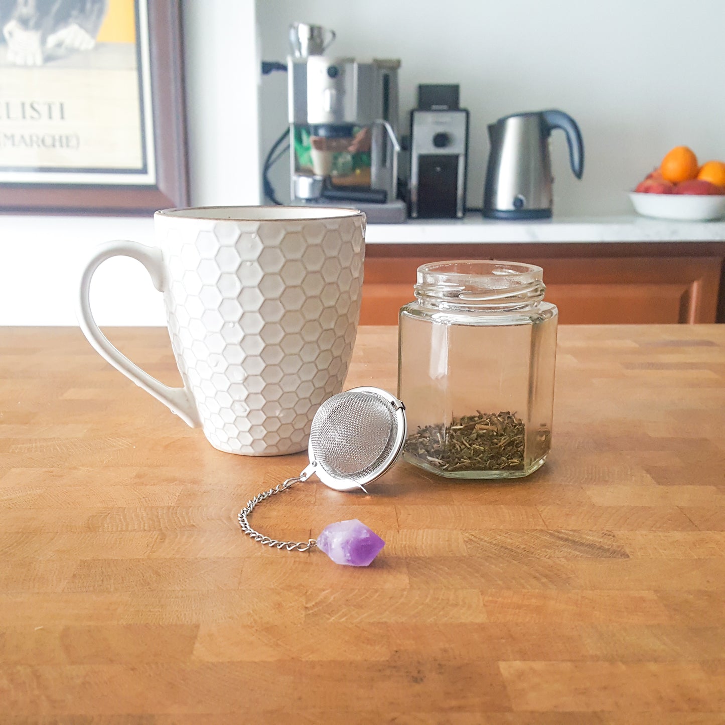 Raw Amethyst Crystal Stainless Steel Mesh Tea Ball Tea Infuser Strainers Tea Strainer | with real Amethyst handmade pendant