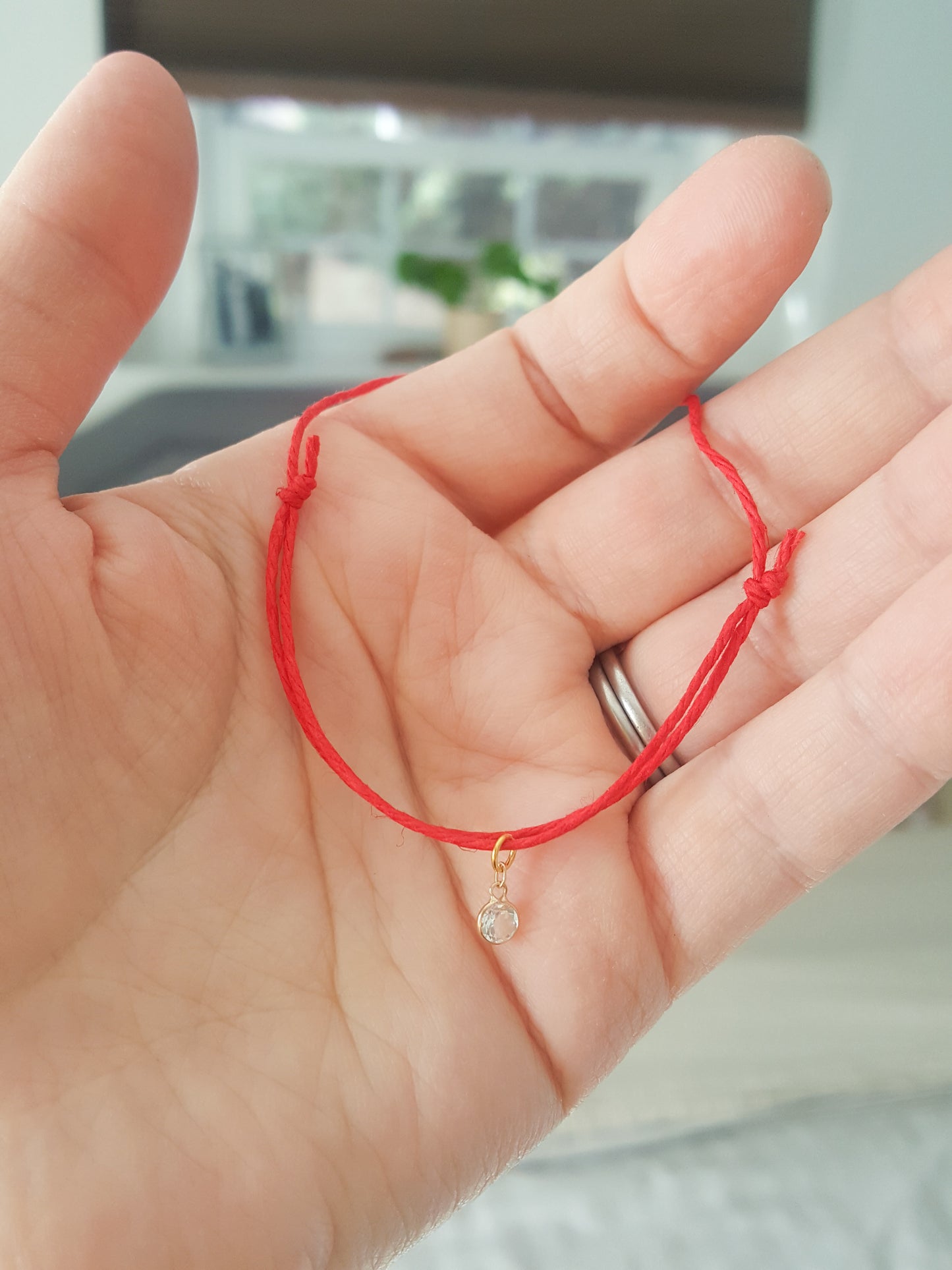 SELF LOVE 14K Solid Gold with White Topaz Red String Bracelet | Minimalist Handmade Boho | Vegan (not silk), Hemp twine. April birthstone