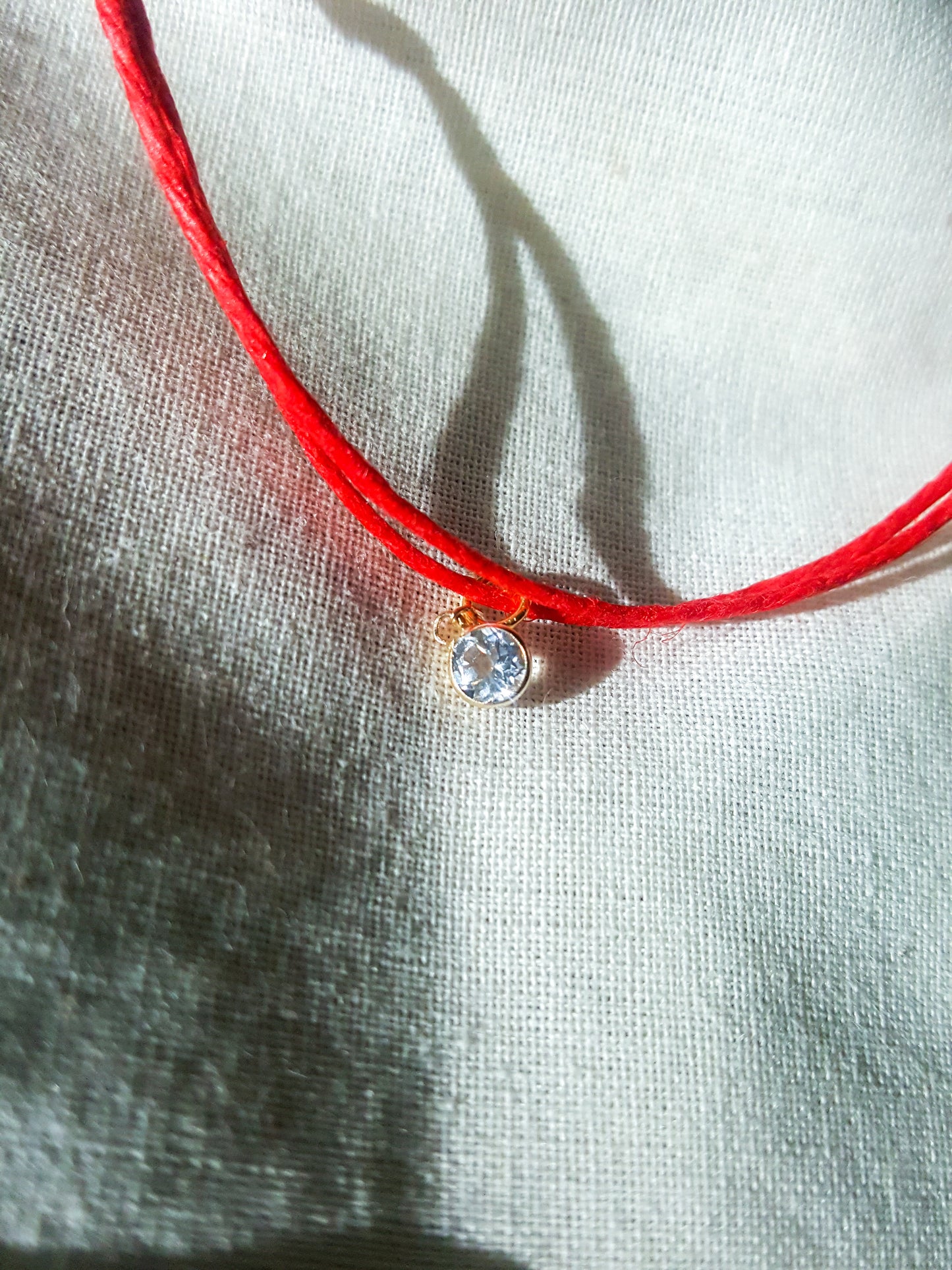SELF LOVE 14K Solid Gold with White Topaz Red String Bracelet | Minimalist Handmade Boho | Vegan (not silk), Hemp twine. April birthstone