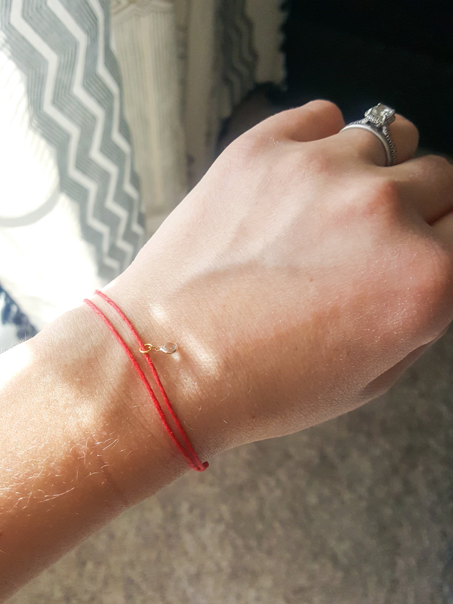 SELF LOVE 14K Solid Gold with White Topaz Red String Bracelet | Minimalist Handmade Boho | Vegan (not silk), Hemp twine. April birthstone