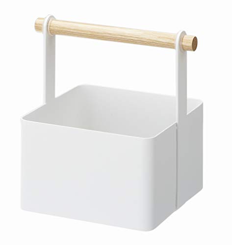 Yamazaki Home Storage Basket - Wood Handle Organizer, White, Steel + Wood, Small, Handles, No Assembly Req.