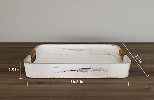 White Coffee Table Tray - 16.5x12 - White Ottoman Tray for Living Room - White Trays for Coffee Table - White Tray with Handles - Farmhouse Tray