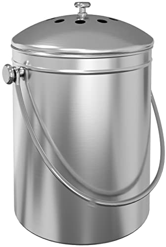 Utopia Kitchen Compost Bin for Kitchen Countertop - 1.3 Gallon Compost Bucket for Kitchen with Lid - Includes 1 Spare Charcoal Filter (Silver)