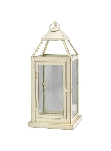 Serene Spaces Living Small Antique White Square Metal Lantern, Candle Holder, Decorative Hurricane Lantern for Wedding Aisle, Patio, Holiday, Party, Table Centerpiece, 6.25" Square & 16" Tall