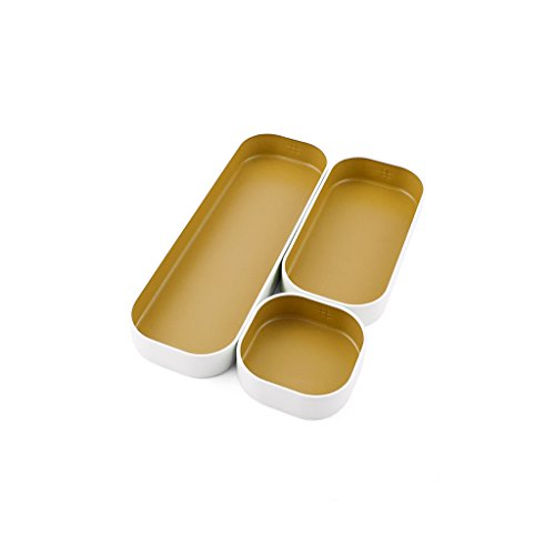 Three by Three Seattle 3 Piece Shallow Metal Organizer Tray Set for Storing Makeup, Stationary, Utensils, and More in Office Desk, Kitchen and Bathroom Drawers (1 Inch, Gold and White)
