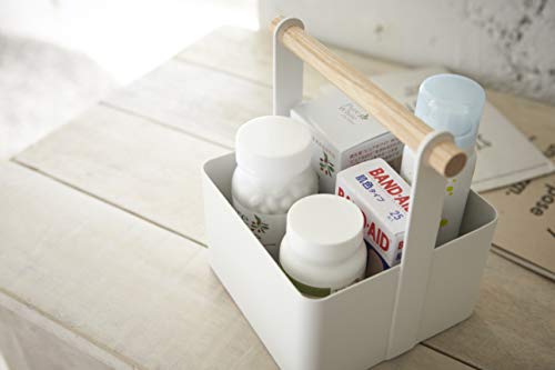 Yamazaki Home Storage Basket - Wood Handle Organizer, White, Steel + Wood, Small, Handles, No Assembly Req.