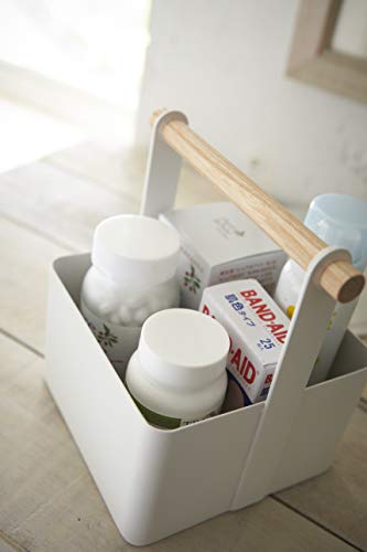Yamazaki Home Storage Basket - Wood Handle Organizer, White, Steel + Wood, Small, Handles, No Assembly Req.