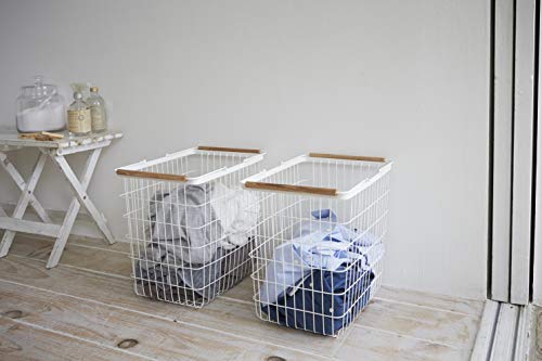 Yamazaki Home Wire Wooden Handles | Steel + Wood | Large | Laundry Basket, White