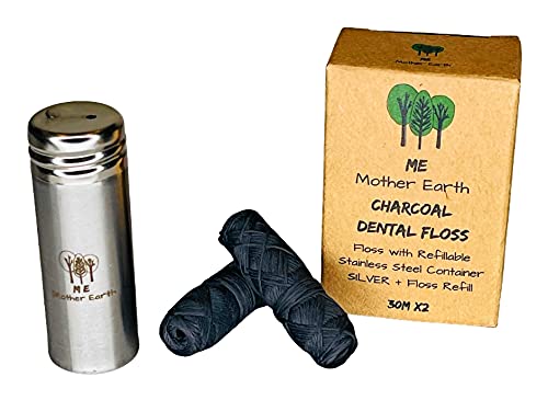 Vegan Biodegradable Bamboo Charcoal Dental Floss with Refillable Stainless Steel Container | 33yds x2 | Extra Floss Refill | Natural Candelilla Wax | Peppermint | Eco Zero Waste Oral Care