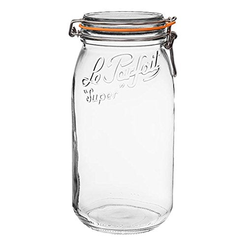 Le Parfait Super Jar - 3L French Glass Canning Jar w/Round Body, Airtight Rubber Seal & Glass Lid, 96oz/3 Quarts (Single Jar) Stainless Wire
