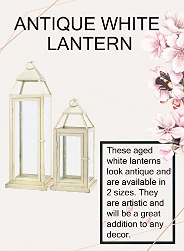 Serene Spaces Living Small Antique White Square Metal Lantern, Candle Holder, Decorative Hurricane Lantern for Wedding Aisle, Patio, Holiday, Party, Table Centerpiece, 6.25" Square & 16" Tall