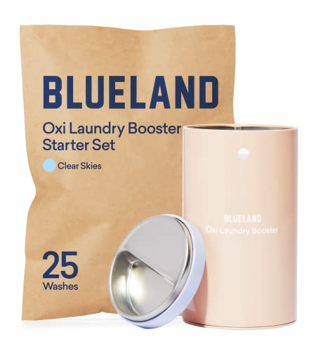 BLUELAND Oxi Laundry Booster Powder Starter Set - Plastic-Free & Eco Friendly Oxy Cleaner - Plant Based Stain Remover - Clear Skies Scented - 17.6oz, 25 Loads