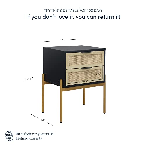 Nathan James Andrew End, Bedside or Side Table in Matte Finish with Two Natural Rattan Drawers Doors for Storage and Brass Accents for Living Room or Bedroom, Black/Cane/Gold