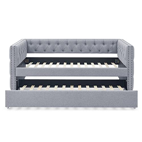 HABITRIO Daybed with A Trundle, Solid Wood Structure Grey Linen Upholstered Twin Size Day Bed Frame w/Twin Roll-Out Trundle, No Box Spring Needed, Furniture for Bedroom, Living Room, Guest Room