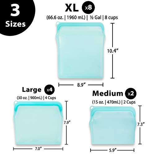 BluePerlOne100% Reusable Bags silicone | Reusable Cooking Bags| Freezer bags| 6 Silicone Bags for Food Storage with Two of each (1/2 Gal, Large and Medium) and Complementary Cotton Mesh bags