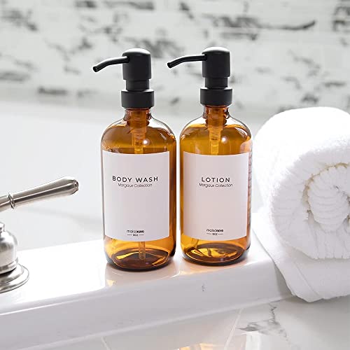 MaisoNovo Glass Soap Dispenser with Pump and Concrete Tray | Vintage Soap Dispenser Bathroom and Kitchen Set w. Dish Soap, Hand Soap, Lotion Waterproof Labels | Amber Bottles with Black Pumps