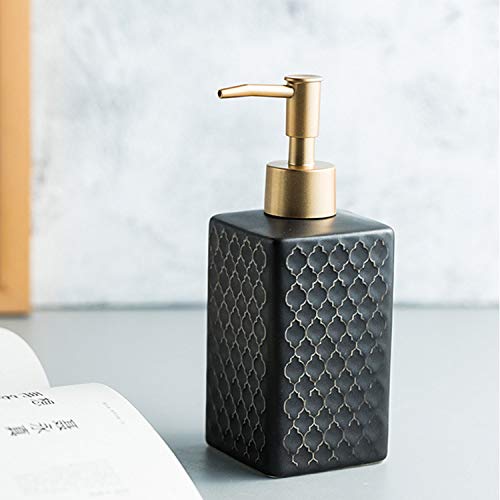 Ceramics Gold Soap Dispenser for Kitchen, Refillable Soap Pump Dispenser for Shower Square Hand Soap Dispenser for Bathroom with Gold Pump, 11.3 OZ (Black)