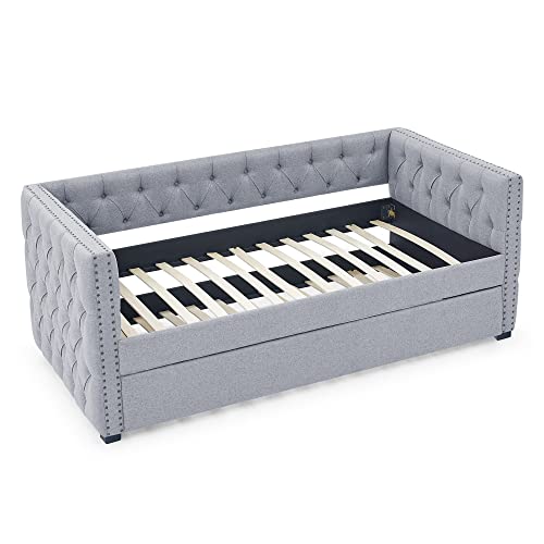 HABITRIO Daybed with A Trundle, Solid Wood Structure Grey Linen Upholstered Twin Size Day Bed Frame w/Twin Roll-Out Trundle, No Box Spring Needed, Furniture for Bedroom, Living Room, Guest Room